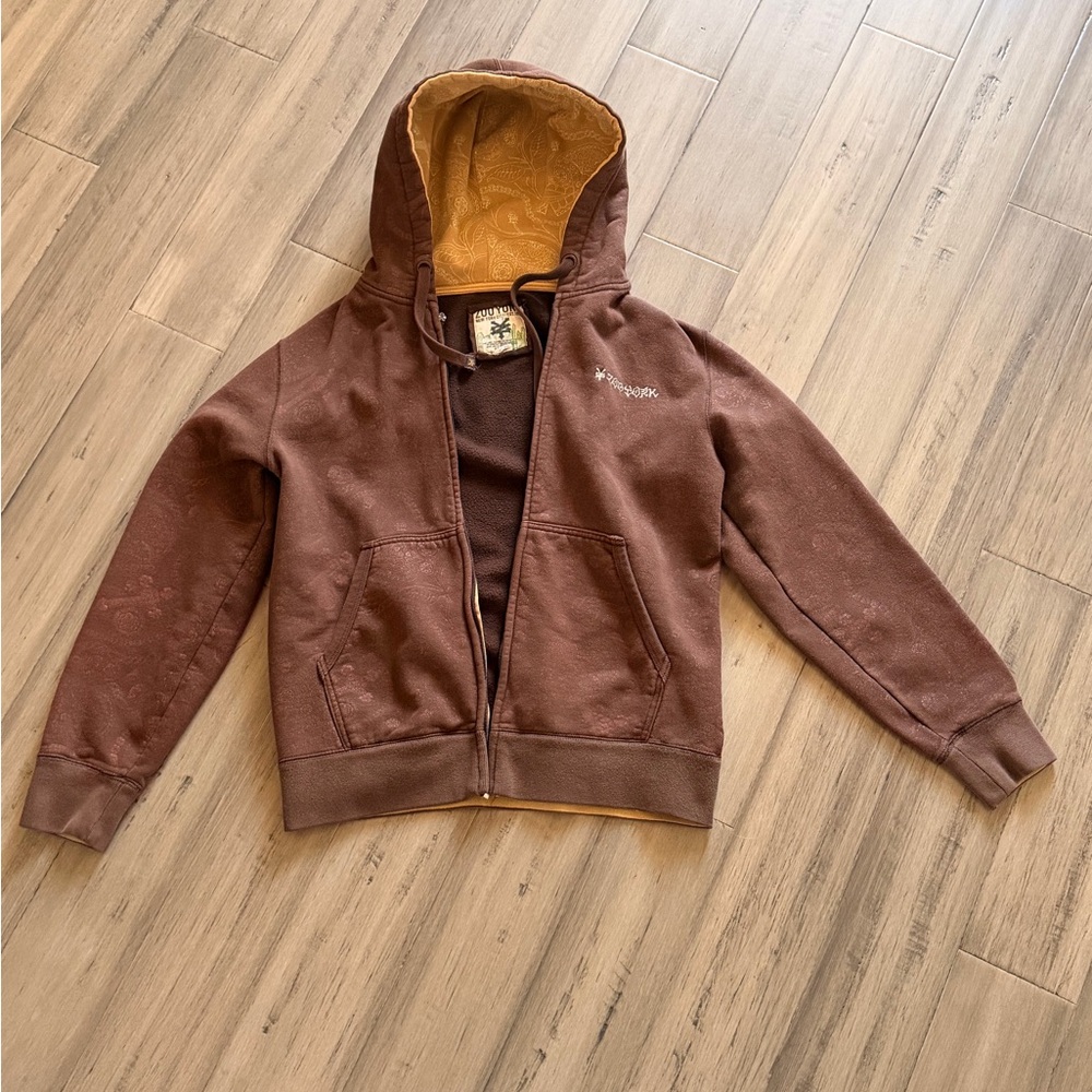 Zoo York Brown Men's Hooded Zip Puffer Jacket with Gold Lining
